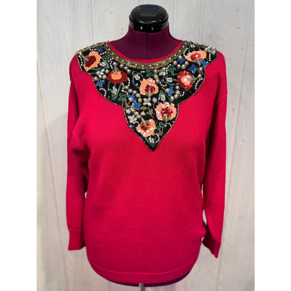 Victoria Harbour Red Beaded Sequin Sweater Large - Picture 3 of 16